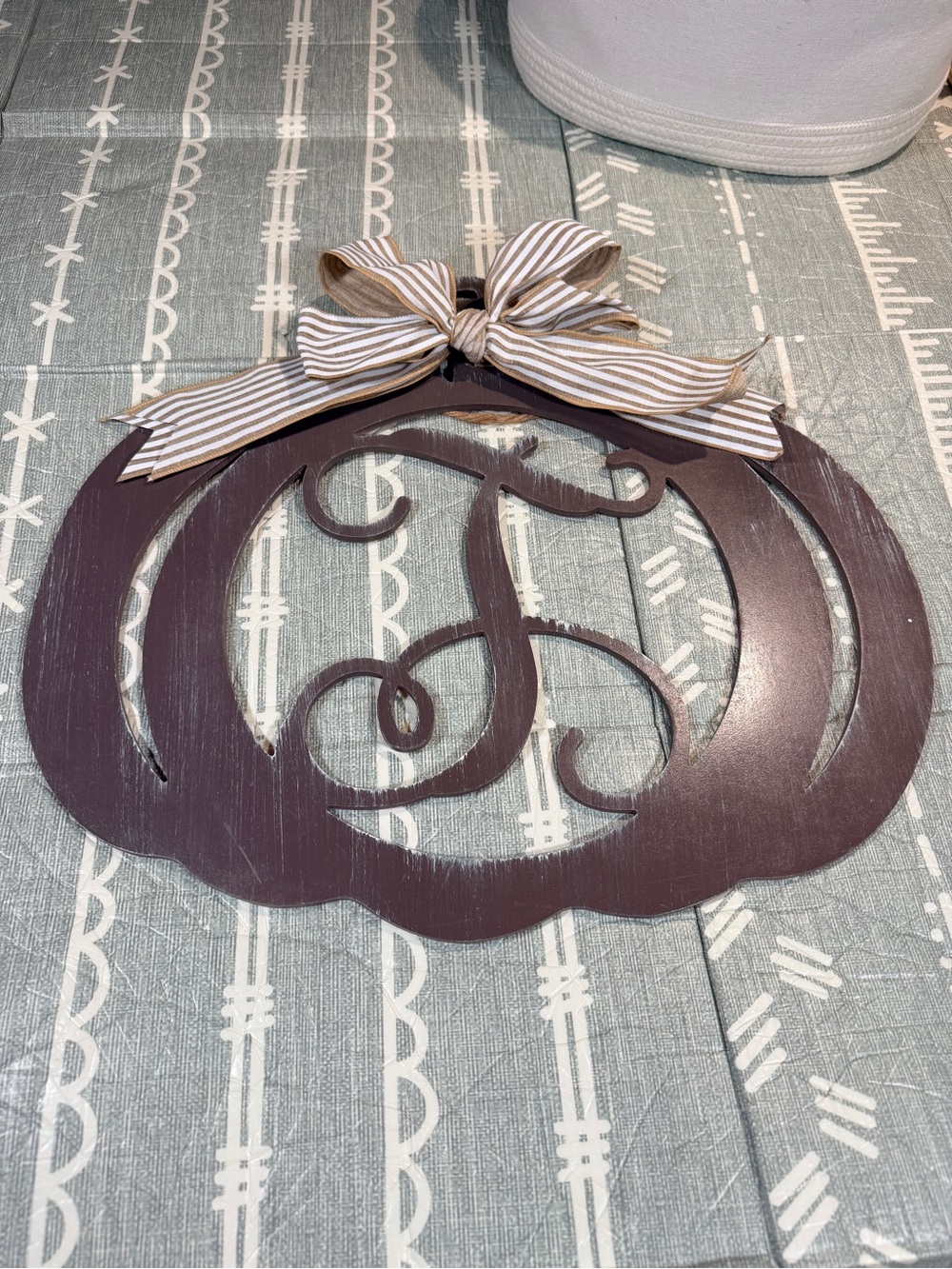 “T” Monogram Pumpkin door hanger with Striped Bow